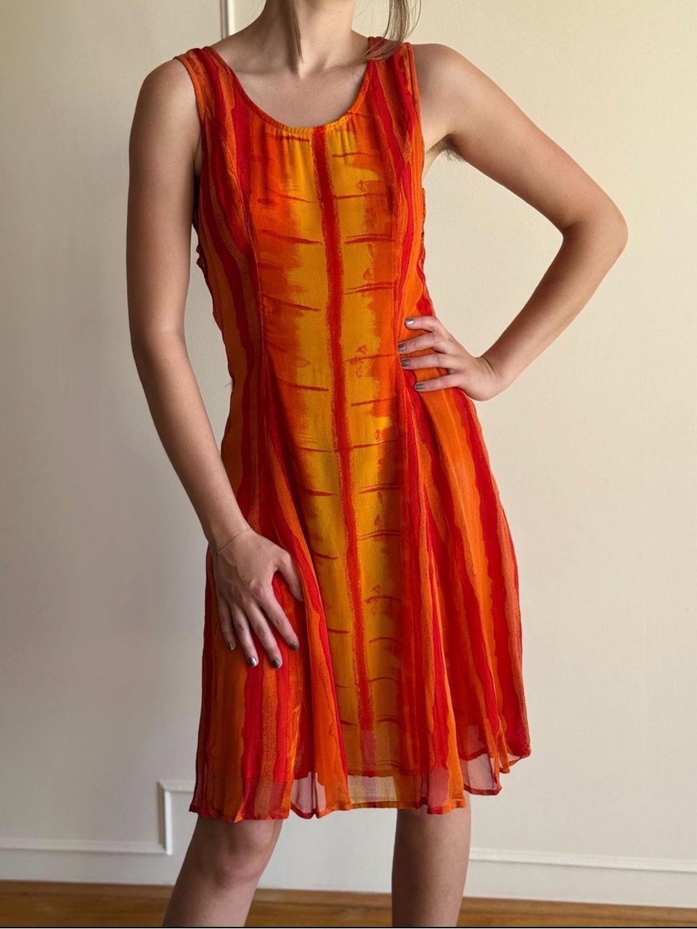 Phool Orange & Red Tie Dye Sleeveless Stripe Mini Dress with Embroidered Back